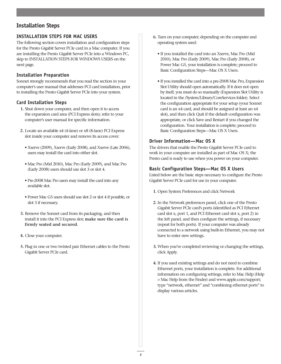 Installation steps | Sonnet Technologies Presto Gigabit Server PCIe User Manual | Page 2 / 4