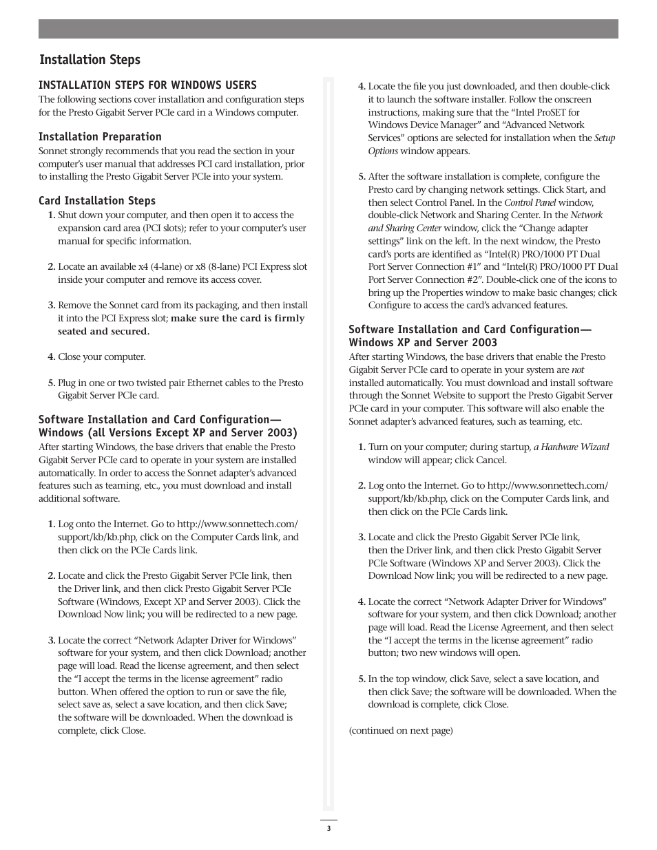 Installation steps | Sonnet Technologies Presto Gigabit Server PCIe User Manual | Page 3 / 4