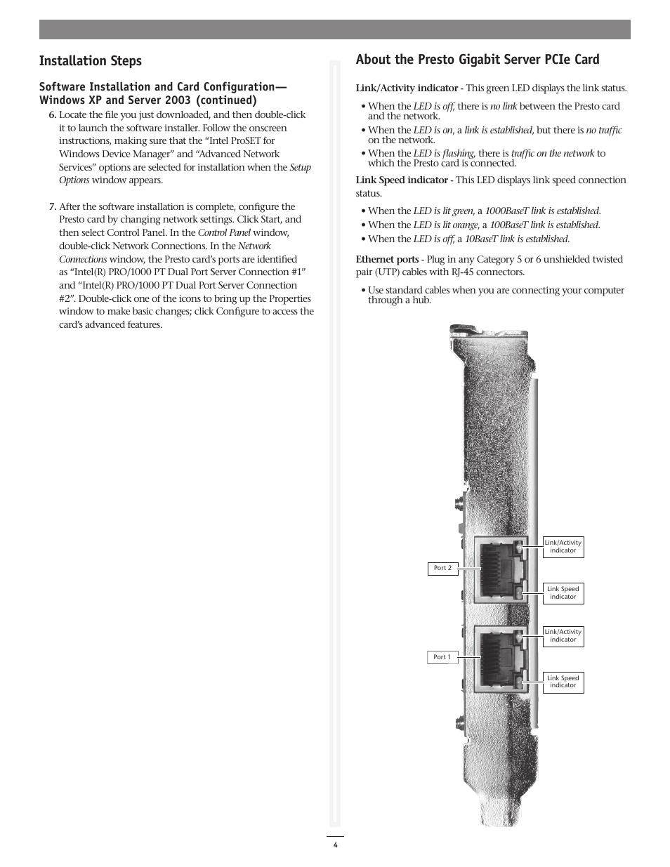 Installation steps, About the presto gigabit server pcie card | Sonnet Technologies Presto Gigabit Server PCIe User Manual | Page 4 / 4