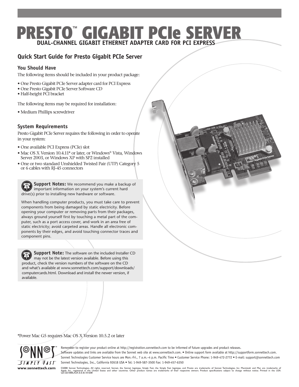 Sonnet Technologies Presto Gigabit PCIe Server User Manual | 4 pages