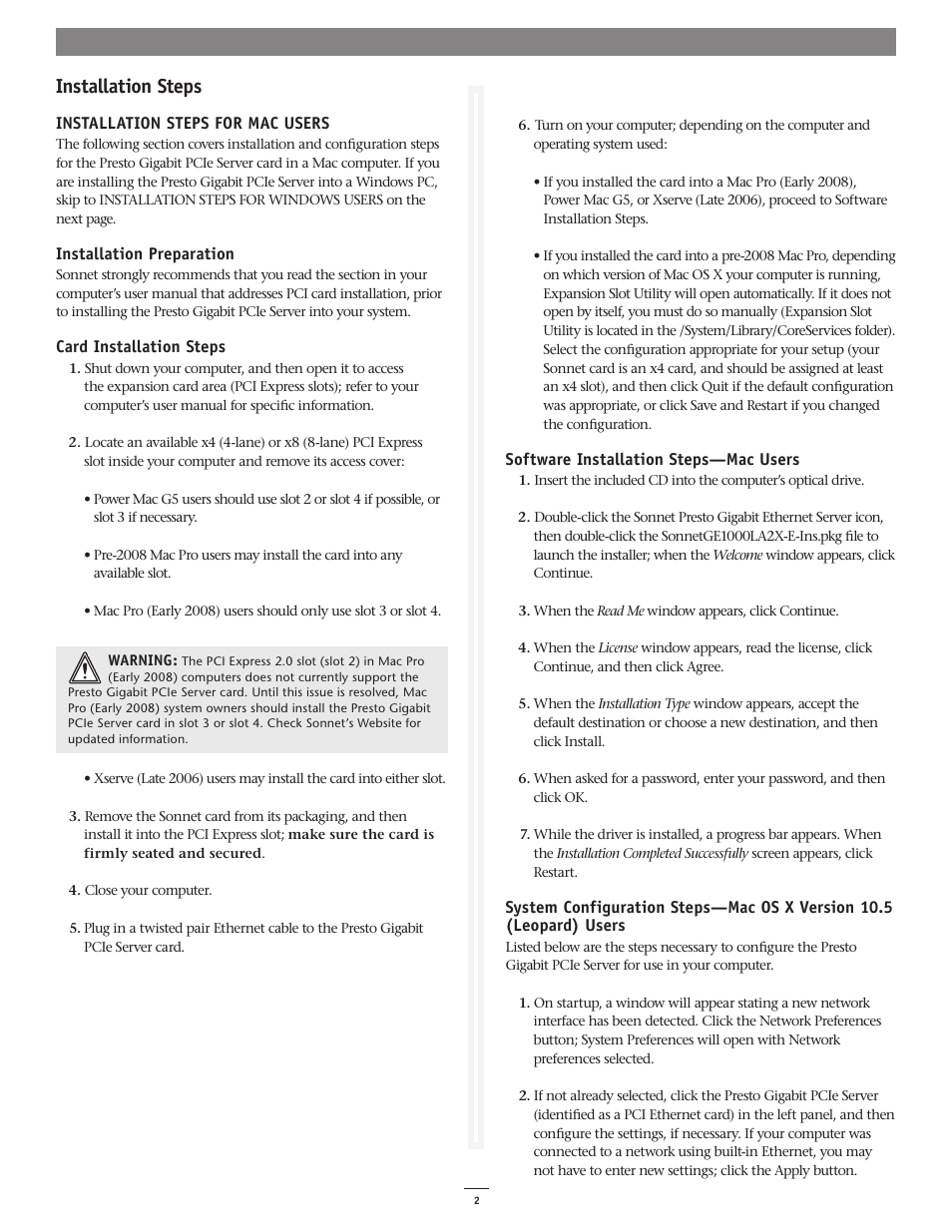 Installation steps | Sonnet Technologies Presto Gigabit PCIe Server User Manual | Page 2 / 4