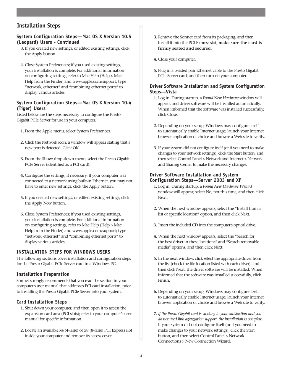 Installation steps | Sonnet Technologies Presto Gigabit PCIe Server User Manual | Page 3 / 4