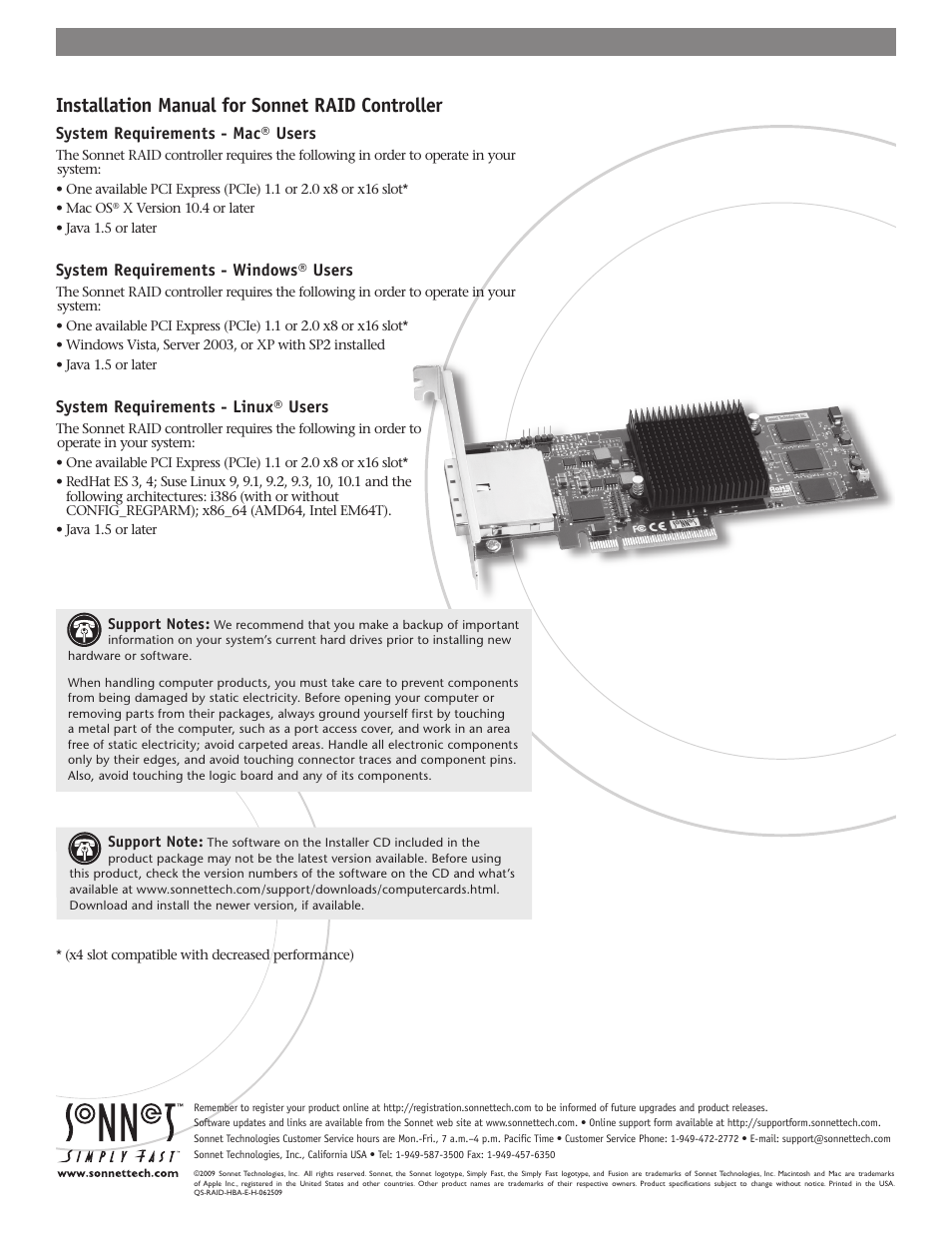 Sonnet Technologies 3Gb_s RAID Controller Card User Manual | 6 pages
