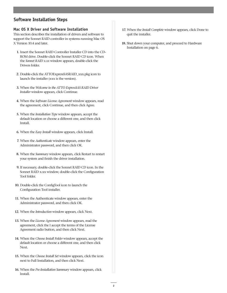 Software installation steps | Sonnet Technologies 3Gb_s RAID Controller Card User Manual | Page 2 / 6