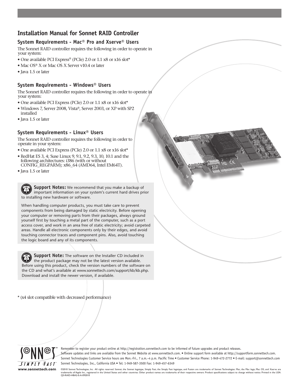 Sonnet Technologies 6Gb_s SAS_SATA RAID Controller Card User Manual | 6 pages