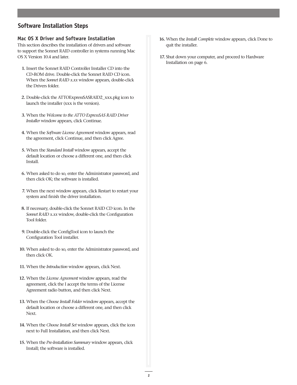 Software installation steps | Sonnet Technologies 6Gb_s SAS_SATA RAID Controller Card User Manual | Page 2 / 6