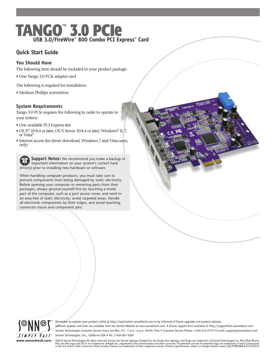 Sonnet Technologies Tango 3.0 PCIe User Manual | 3 pages