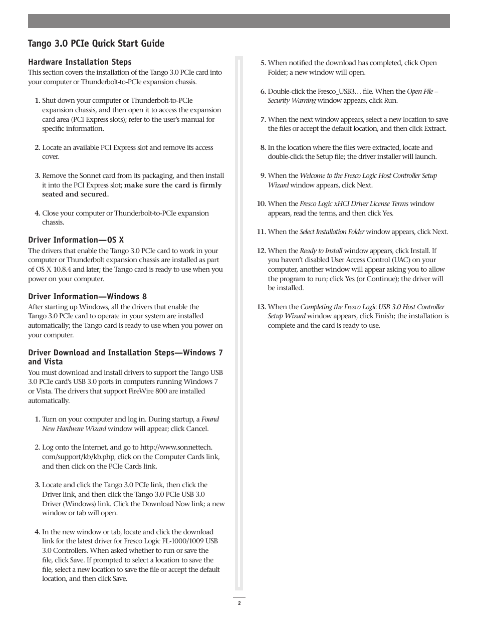 Tango 3.0 pcie quick start guide | Sonnet Technologies Tango 3.0 PCIe User Manual | Page 2 / 3