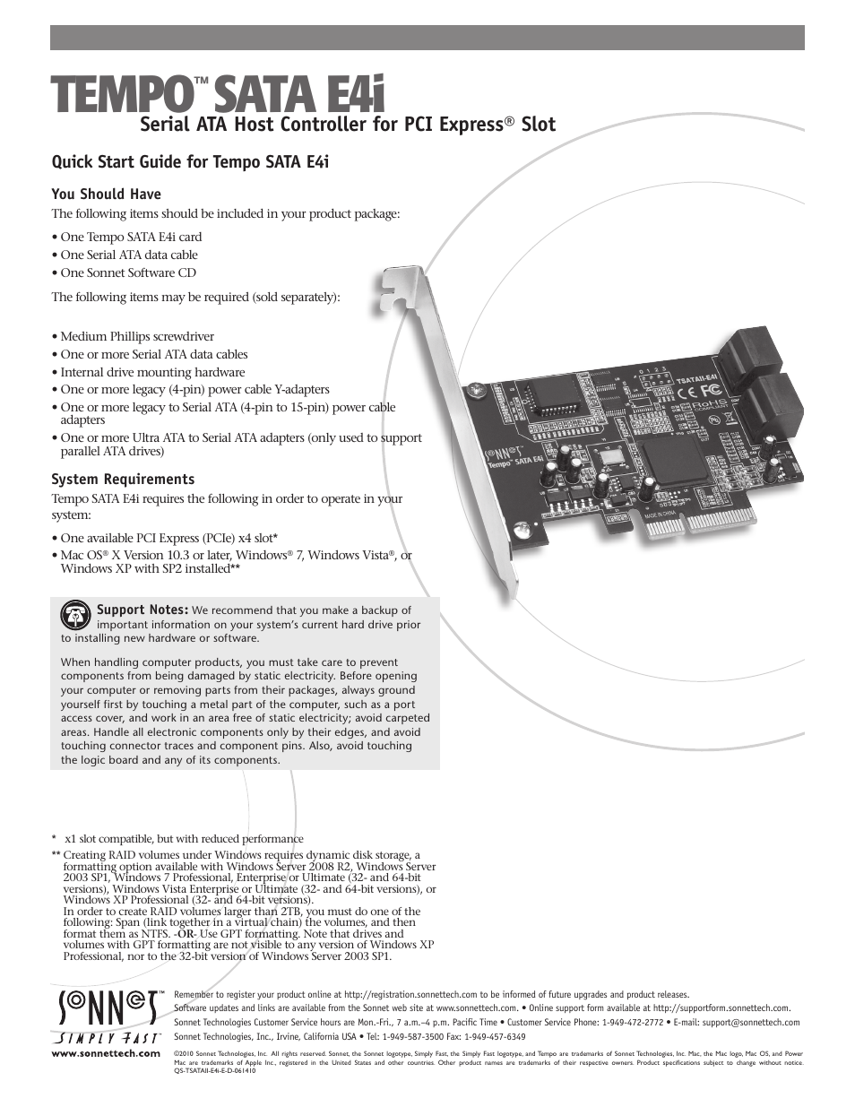 Sonnet Technologies Tempo SATA E4i Serial ATA Host Adapter PCI Express User Manual | 8 pages