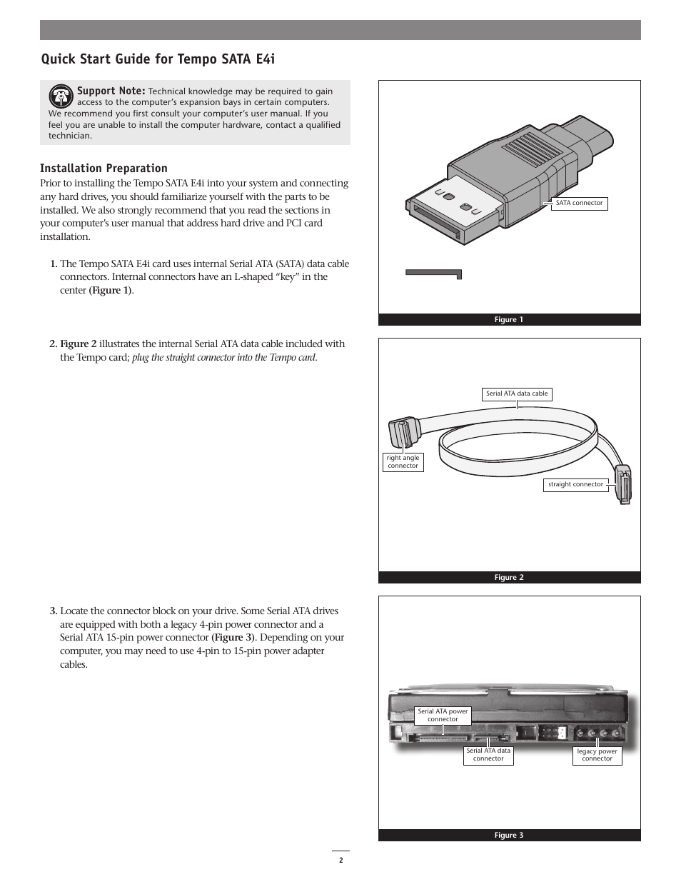 Quick start guide for tempo sata e4i, Installation preparation | Sonnet Technologies Tempo SATA E4i Serial ATA Host Adapter PCI Express User Manual | Page 2 / 8