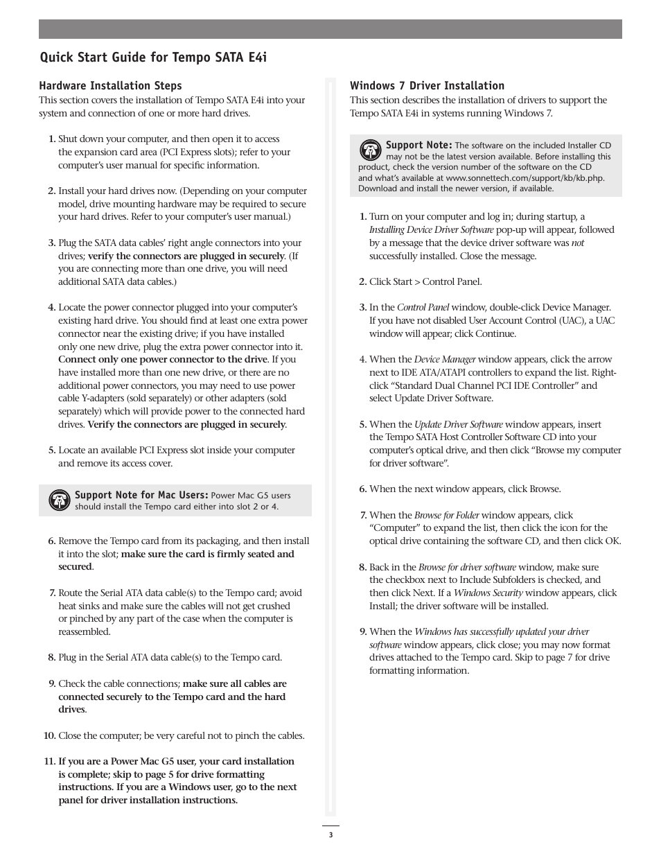Quick start guide for tempo sata e4i | Sonnet Technologies Tempo SATA E4i Serial ATA Host Adapter PCI Express User Manual | Page 3 / 8