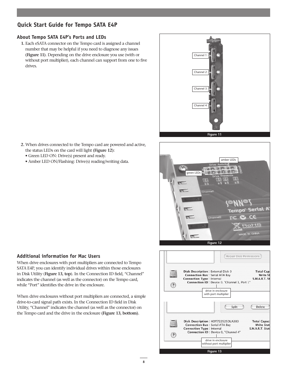 Quick start guide for tempo sata e4p, About tempo sata e4p’s ports and leds, Additional information for mac users | Sonnet Technologies Tempo SATA E4P Serial ATA Host Controller PCI Express Card User Manual | Page 10 / 10