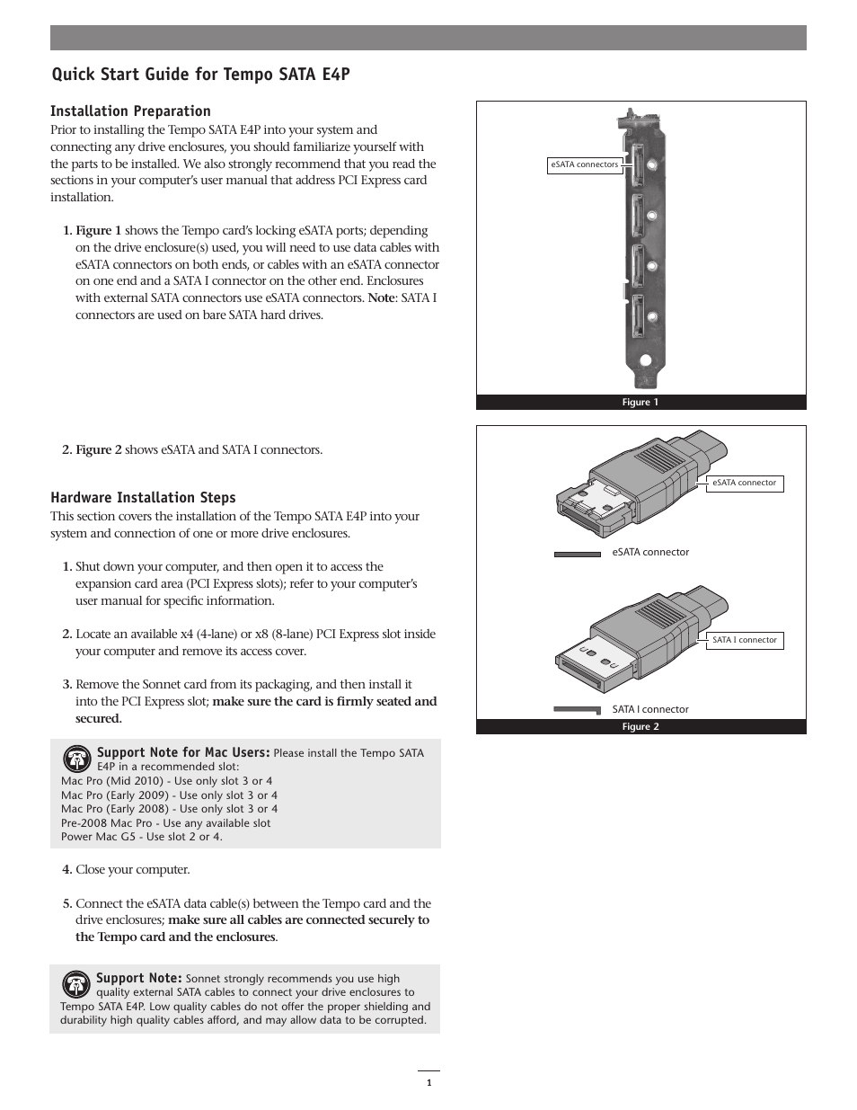 Quick start guide for tempo sata e4p, Installation preparation, Hardware installation steps | Sonnet Technologies Tempo SATA E4P Serial ATA Host Controller PCI Express Card User Manual | Page 3 / 10