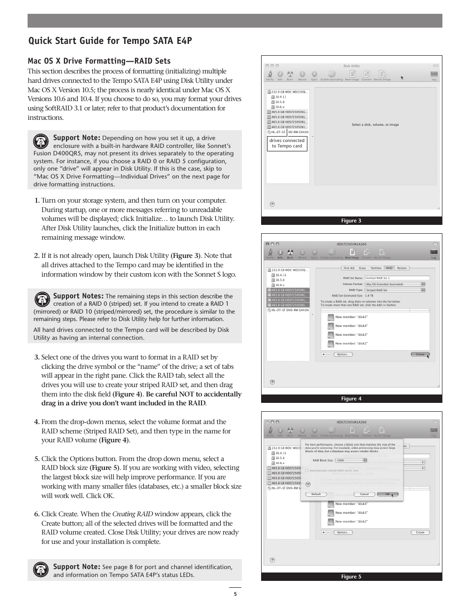 Quick start guide for tempo sata e4p, Mac os x drive formatting—raid sets | Sonnet Technologies Tempo SATA E4P Serial ATA Host Controller PCI Express Card User Manual | Page 7 / 10