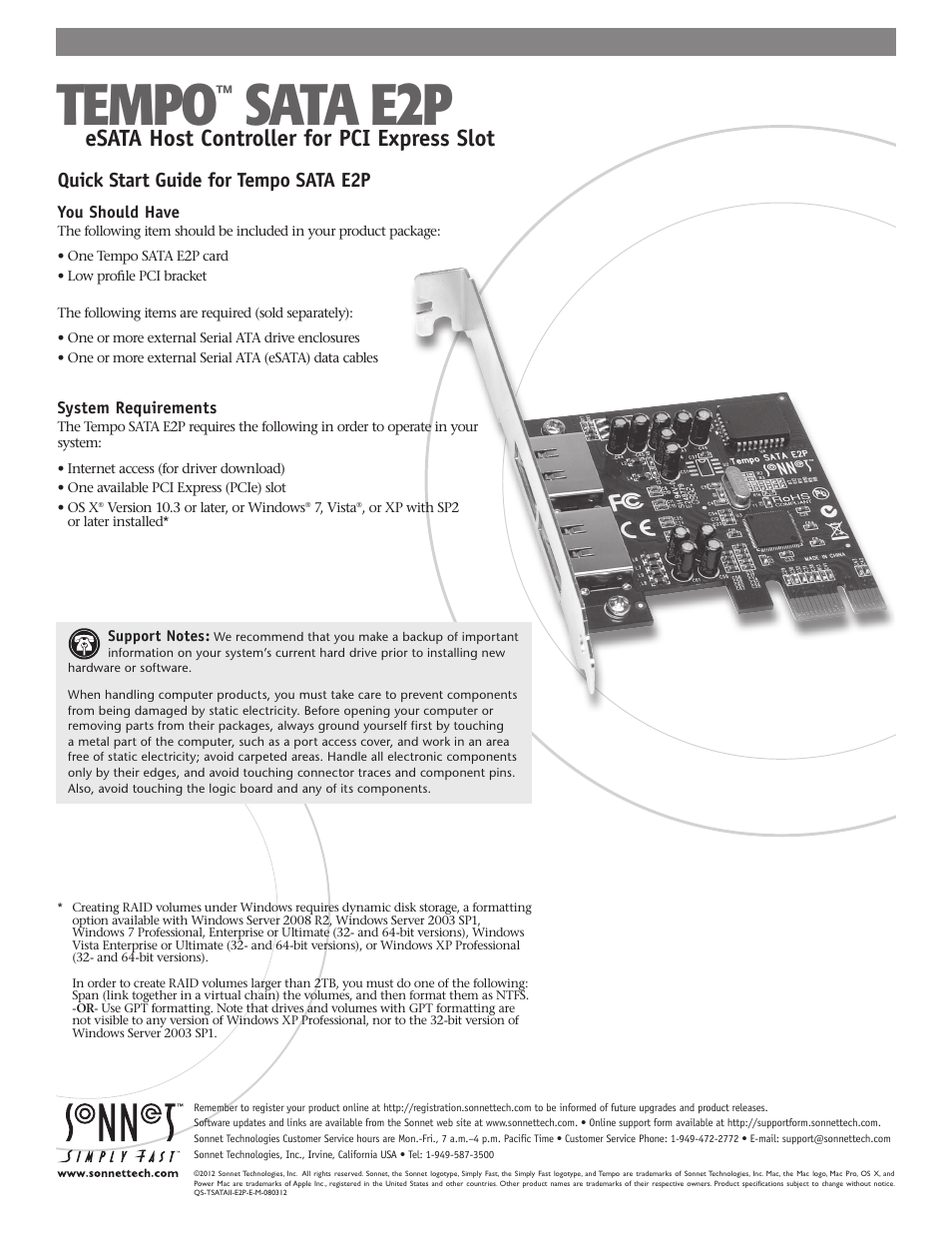 Sonnet Technologies Tempo SATA E2P Serial ATA PCI Express Host Controller Card User Manual | 3 pages