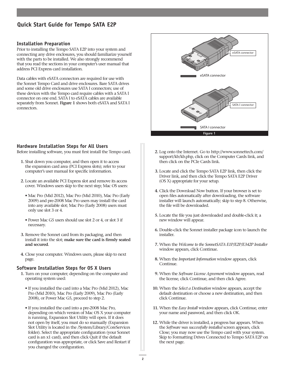 Quick start guide for tempo sata e2p | Sonnet Technologies Tempo SATA E2P Serial ATA PCI Express Host Controller Card User Manual | Page 2 / 3