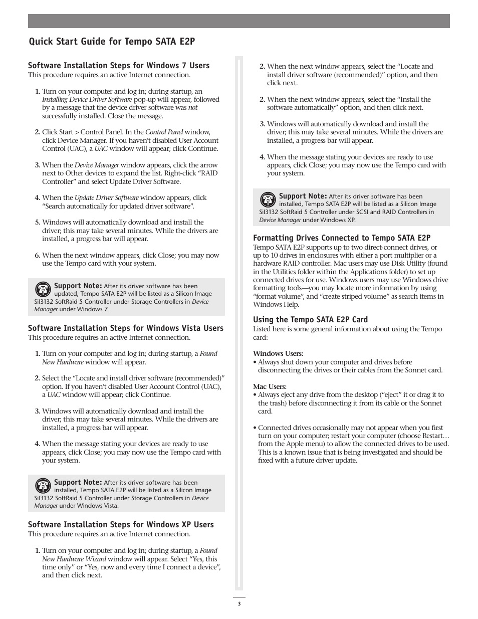 Quick start guide for tempo sata e2p | Sonnet Technologies Tempo SATA E2P Serial ATA PCI Express Host Controller Card User Manual | Page 3 / 3