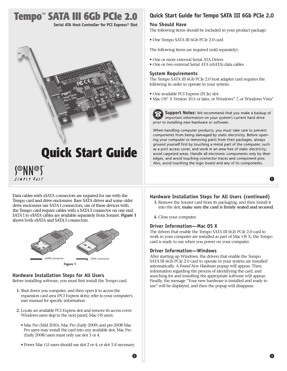 Sonnet Technologies Tempo SATA 6GB_s PCIe 2.0 Serial ATA Host Controller User Manual | 2 pages
