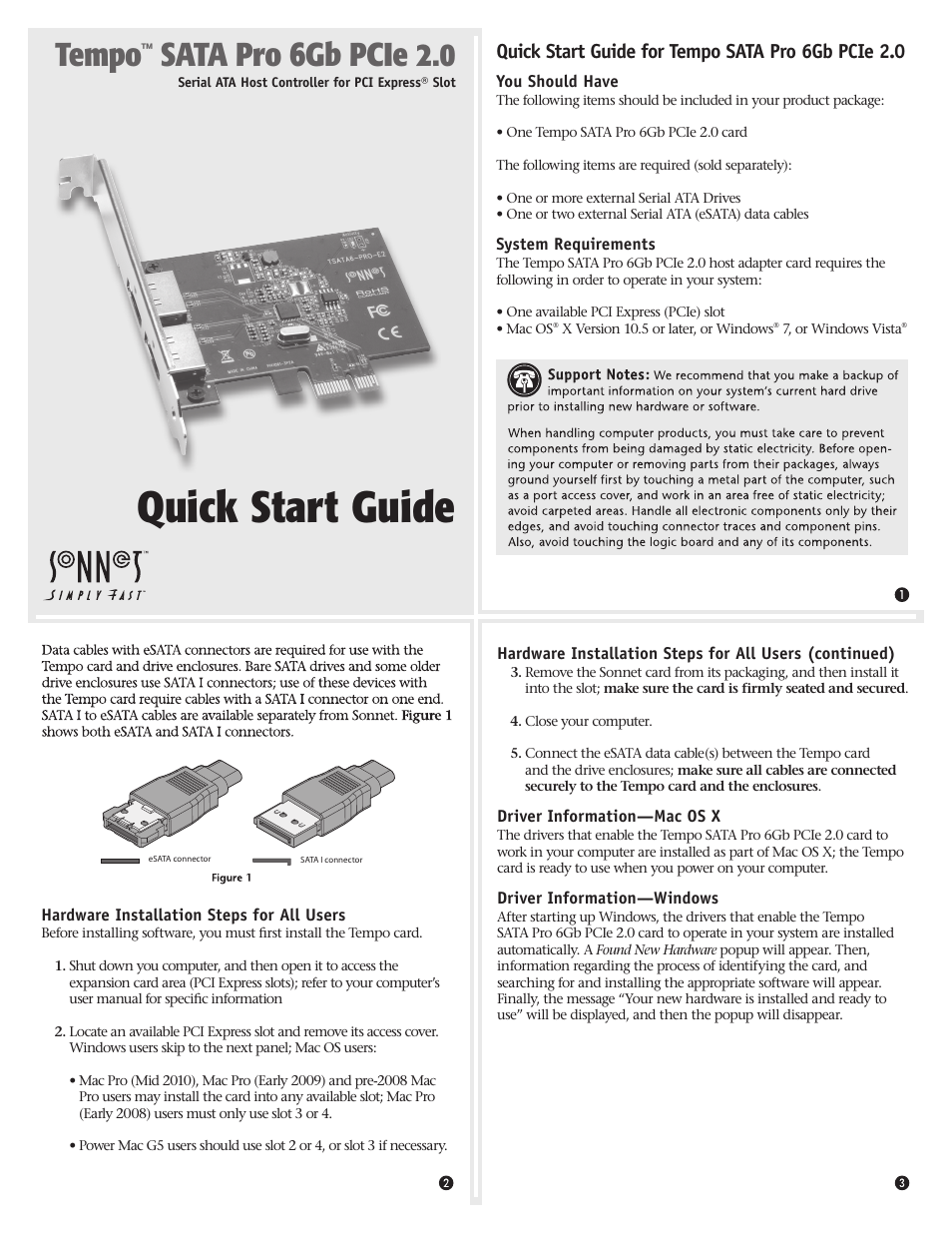 Sonnet Technologies Tempo SATA Pro 6Gb PCIe 2.0 Serial ATA Host Controller User Manual | 2 pages