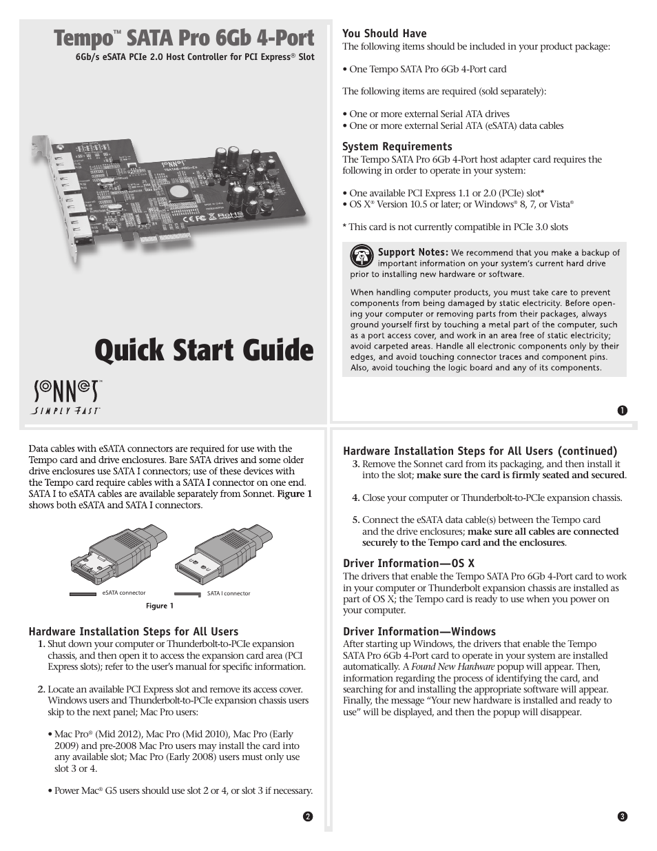 Sonnet Technologies Tempo SATA Pro 6Gb 4-Port Serial ATA Host Controller User Manual | 2 pages