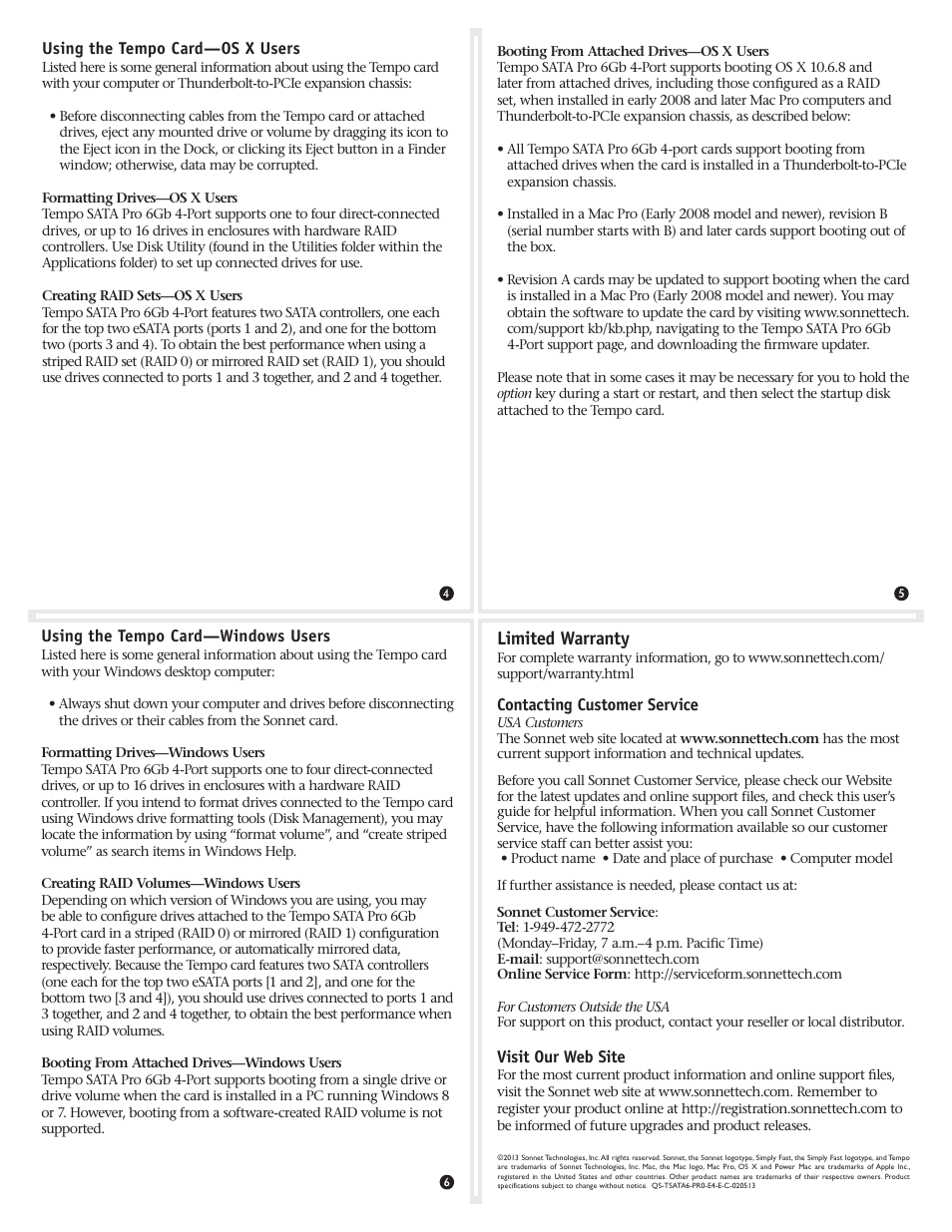 Limited warranty | Sonnet Technologies Tempo SATA Pro 6Gb 4-Port Serial ATA Host Controller User Manual | Page 2 / 2
