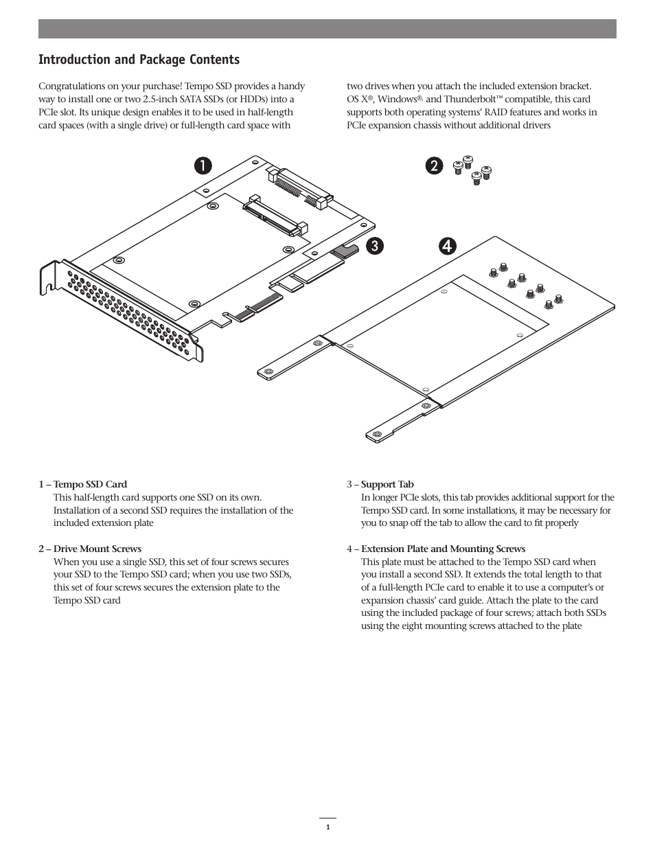 Introduction and package contents | Sonnet Technologies Tempo SSD PCI Express 2.5 SSD Host Card User Manual | Page 3 / 10