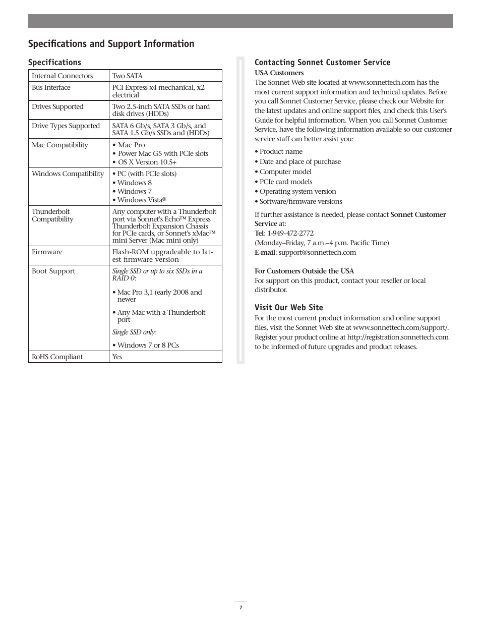 Specifications and support information | Sonnet Technologies Tempo SSD PCI Express 2.5 SSD Host Card User Manual | Page 9 / 10