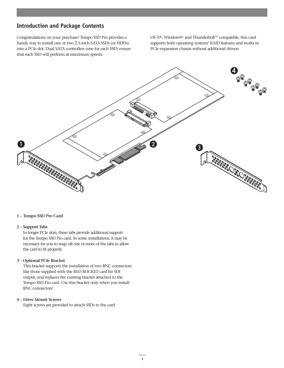 Introduction and package contents | Sonnet Technologies Tempo SSD Pro PCI Express 2.5 SSD Host Card User Manual | Page 3 / 8