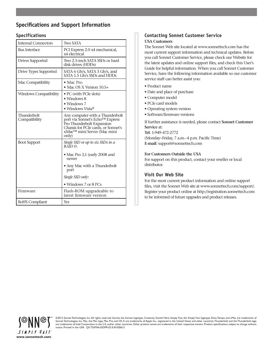 Specifications and support information | Sonnet Technologies Tempo SSD Pro PCI Express 2.5 SSD Host Card User Manual | Page 8 / 8