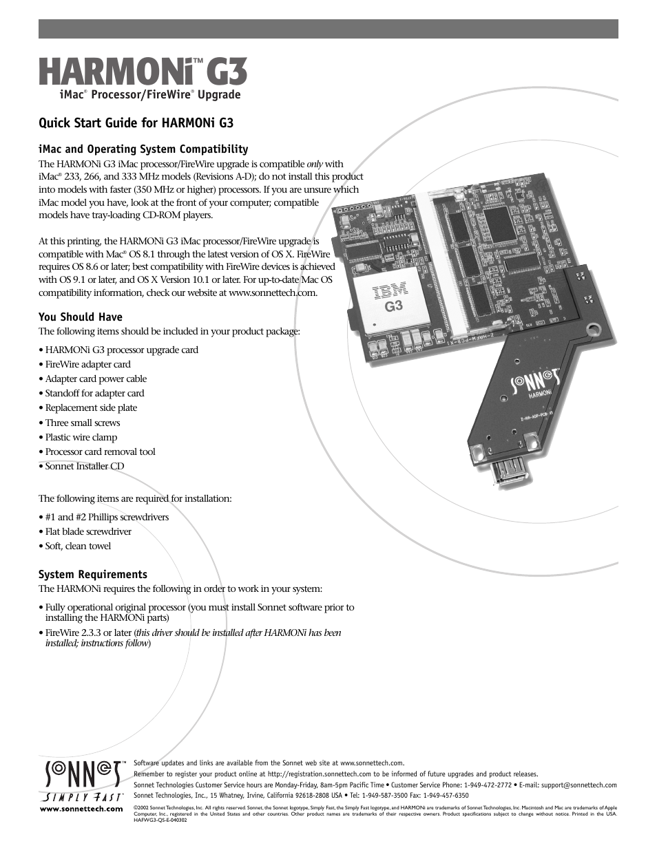 Sonnet Technologies HARMONi G3 Processor Upgrade Card User Manual | 11 pages