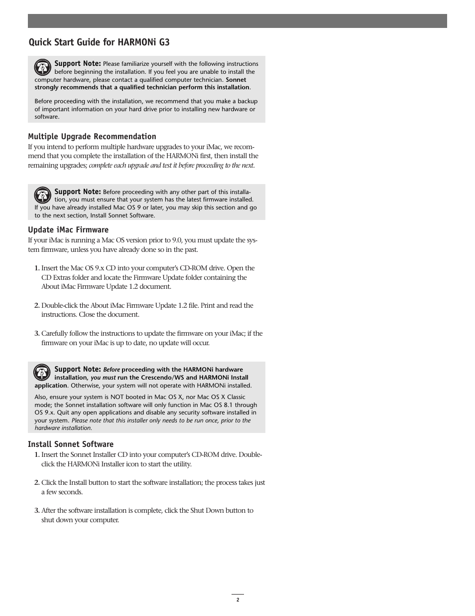 Quick start guide for harmoni g3 | Sonnet Technologies HARMONi G3 Processor Upgrade Card User Manual | Page 2 / 11
