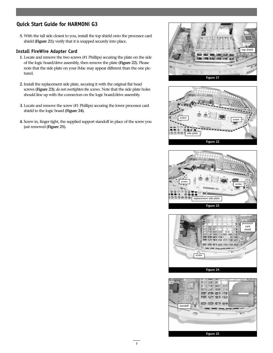 Quick start guide for harmoni g3, Install firewire adapter card | Sonnet Technologies HARMONi G3 Processor Upgrade Card User Manual | Page 7 / 11