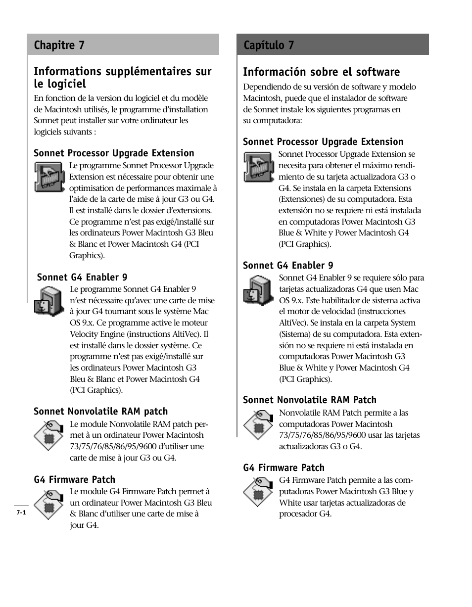 7 informations supplémentaires, Sonnet processor upgrade, Sonnet g4 enabler 9 | Sonnet nonvolatile ram patch, G4 firmware patch, 7 información sobre el software, 7 learning about the software, Informations supplémentaires sur le logiciel | Sonnet Technologies Encore_ZIF Processor Upgrade User Manual | Page 110 / 120