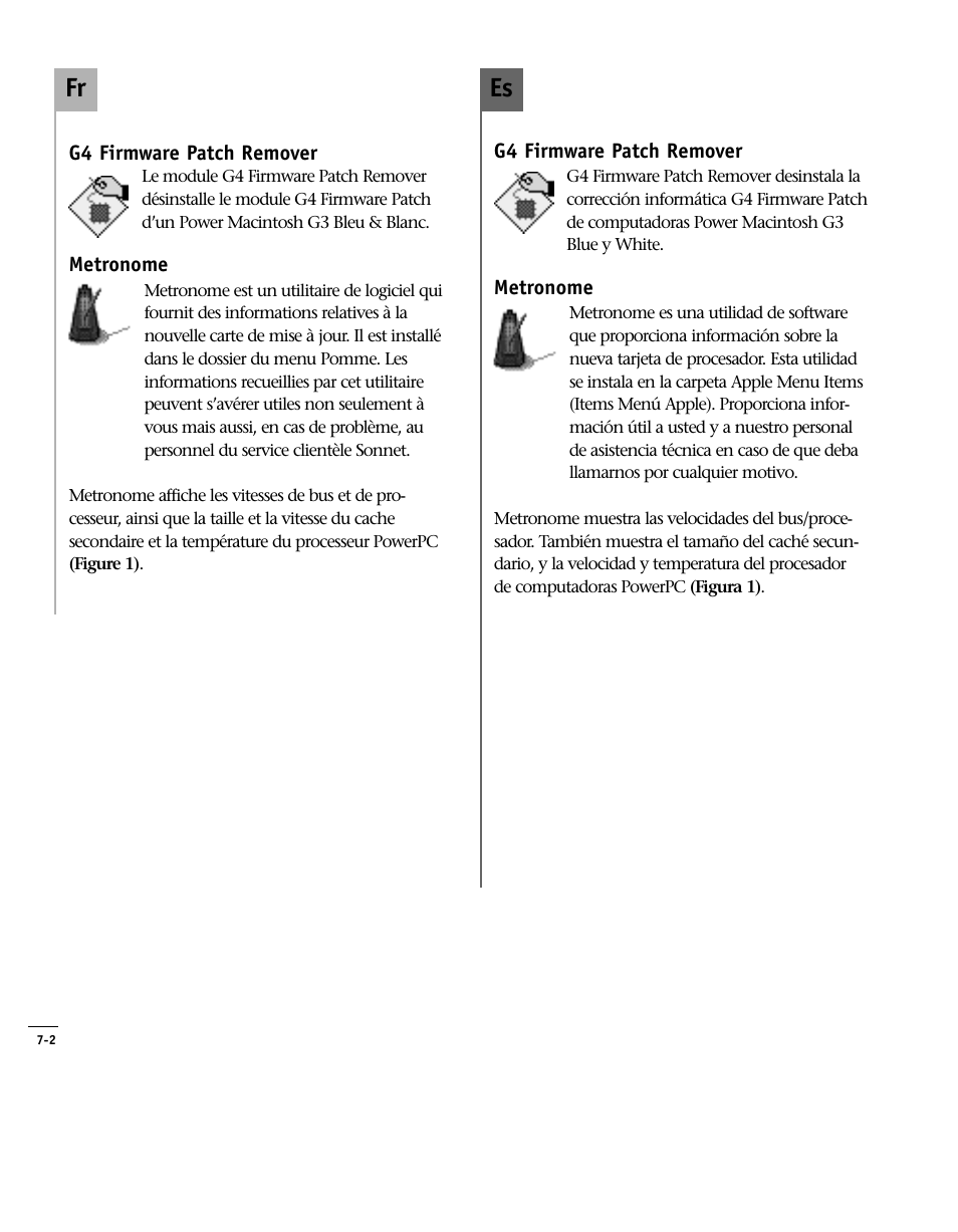 G4 firmware patch remover, Metronome, Es fr | Sonnet Technologies Encore_ZIF Processor Upgrade User Manual | Page 112 / 120