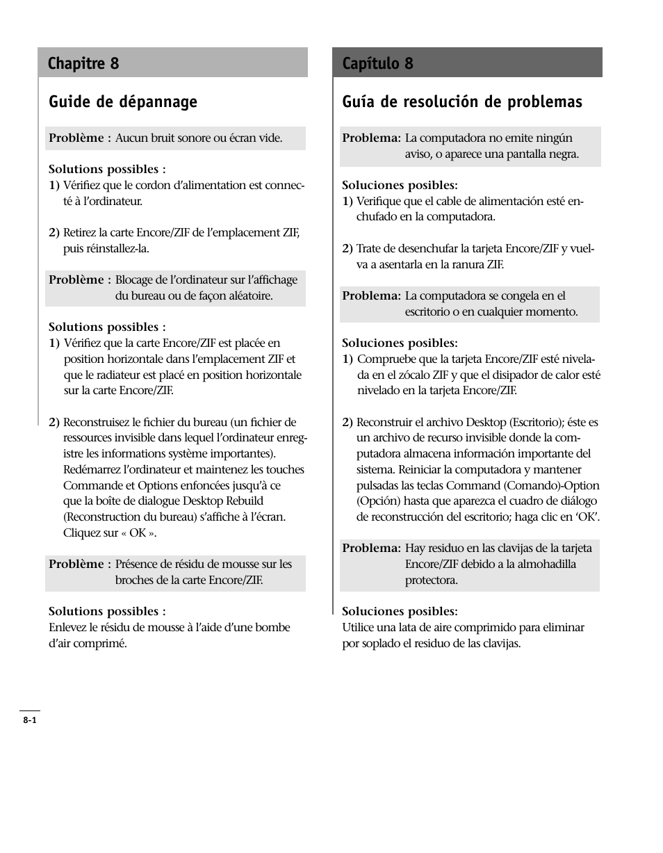 8 guide de dépannage, 8 guía de resolución de, 8 troubleshooting guide | Guide de dépannage, Guía de resolución de problemas, Chapitre 8 capítulo 8 | Sonnet Technologies Encore_ZIF Processor Upgrade User Manual | Page 114 / 120