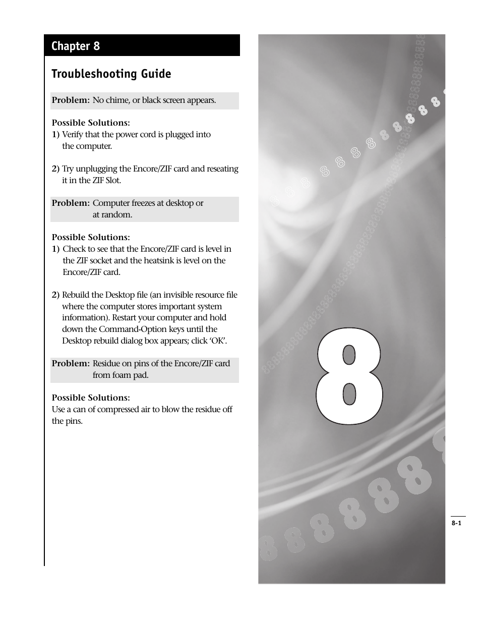 Troubleshooting guide, Chapter 8 | Sonnet Technologies Encore_ZIF Processor Upgrade User Manual | Page 115 / 120