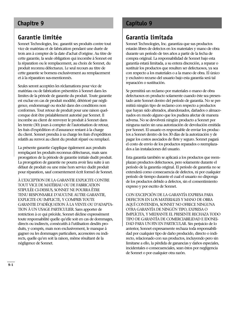 9 garantie limitée, 9 garantía limitada, 9 limited warranty | Garantie limitée, Garantía limitada, Capítulo 9, Chapitre 9 | Sonnet Technologies Encore_ZIF Processor Upgrade User Manual | Page 116 / 120