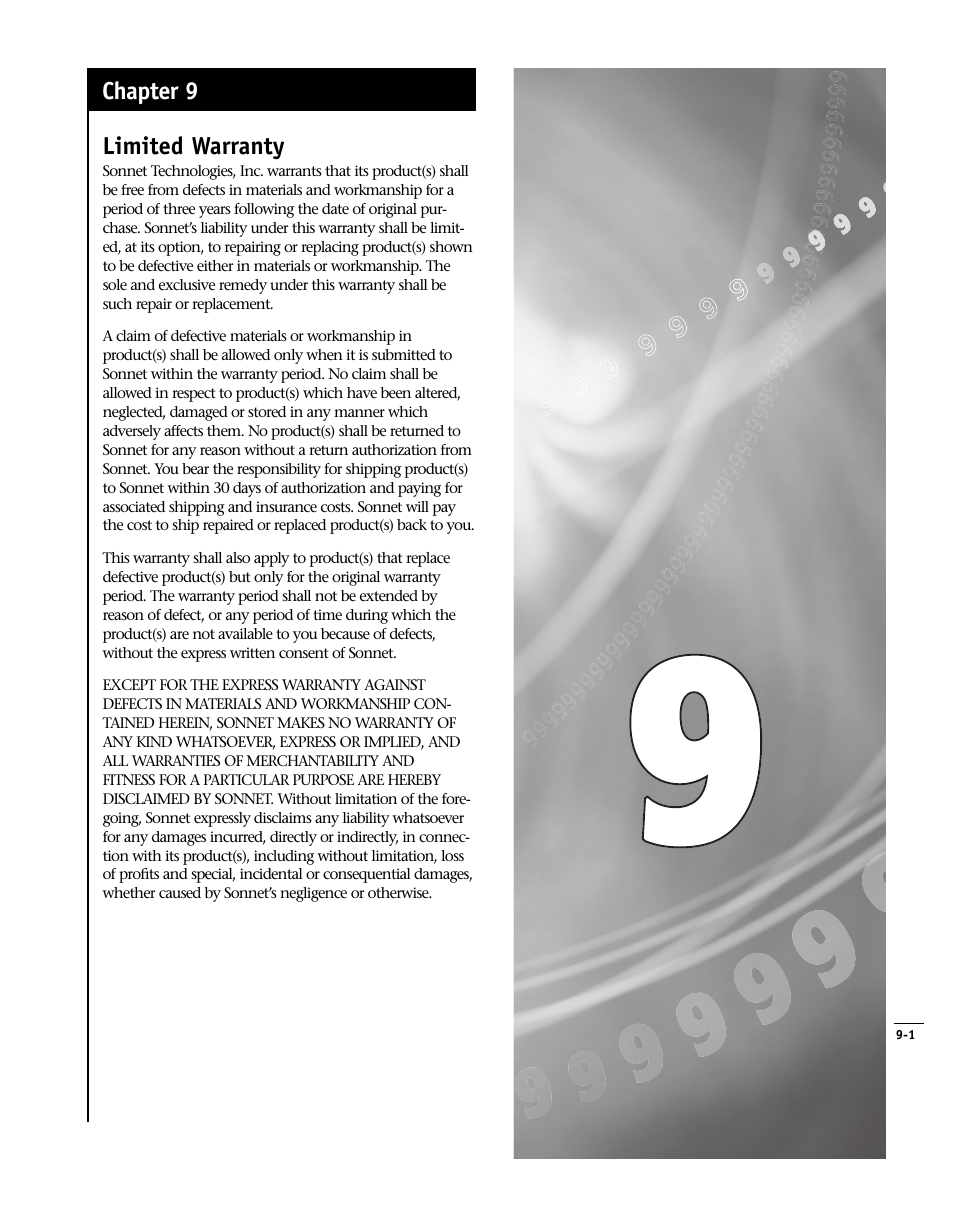 Limited warranty, Chapter 9 | Sonnet Technologies Encore_ZIF Processor Upgrade User Manual | Page 117 / 120