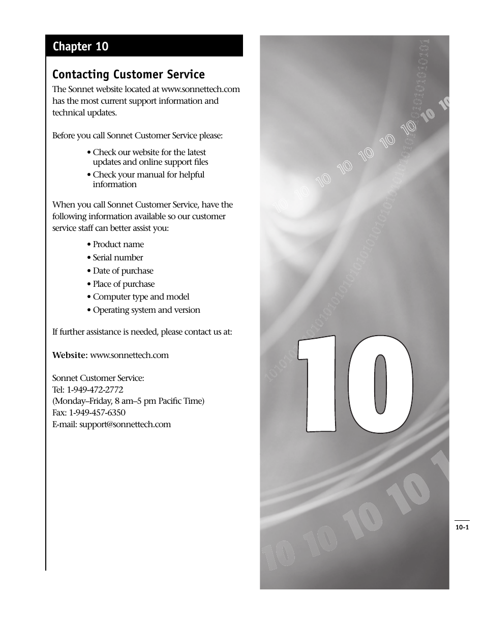 Contacting customer service, Chapter 10 | Sonnet Technologies Encore_ZIF Processor Upgrade User Manual | Page 119 / 120