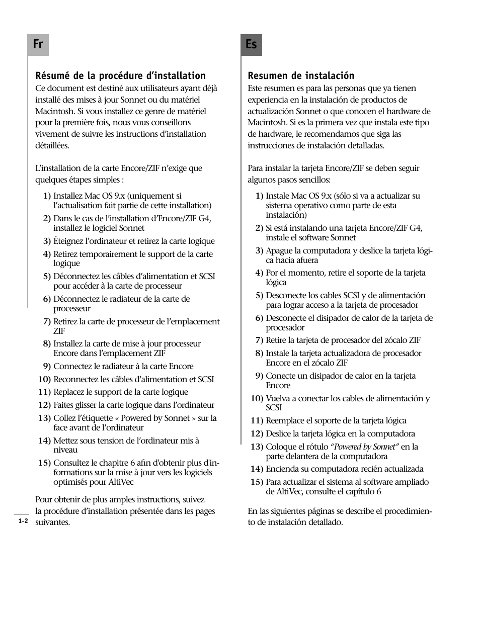Résumé de la procédure, Resumen de instalación, Installation overview | Es fr | Sonnet Technologies Encore_ZIF Processor Upgrade User Manual | Page 20 / 120