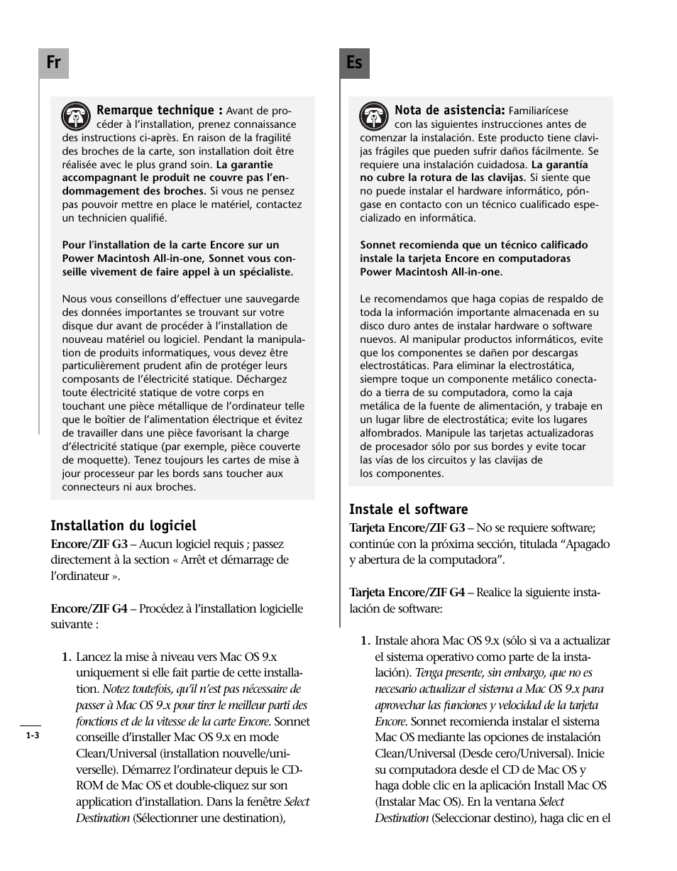 Installation du logiciel, Instale el software, Install software | Es fr | Sonnet Technologies Encore_ZIF Processor Upgrade User Manual | Page 22 / 120