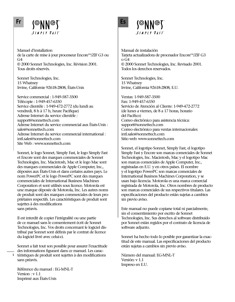 Es fr | Sonnet Technologies Encore_ZIF Processor Upgrade User Manual | Page 4 / 120