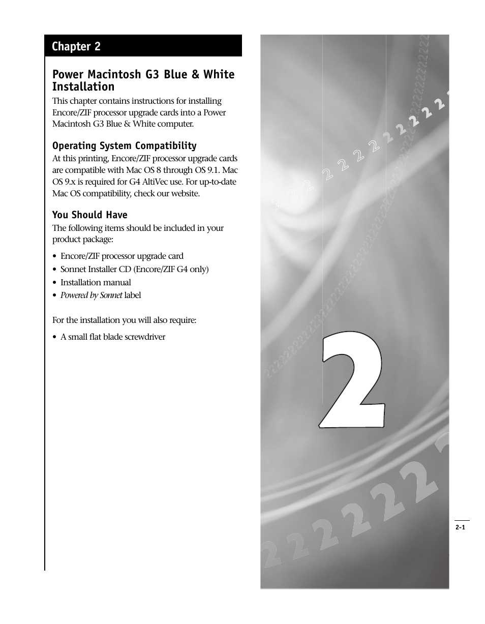 Power macintosh g3 blue & white installation, Chapter 2 | Sonnet Technologies Encore_ZIF Processor Upgrade User Manual | Page 43 / 120