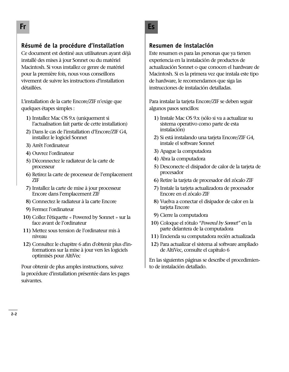 Resumen de instalación, Résumé de la procédure, Installation overview | Es fr | Sonnet Technologies Encore_ZIF Processor Upgrade User Manual | Page 44 / 120