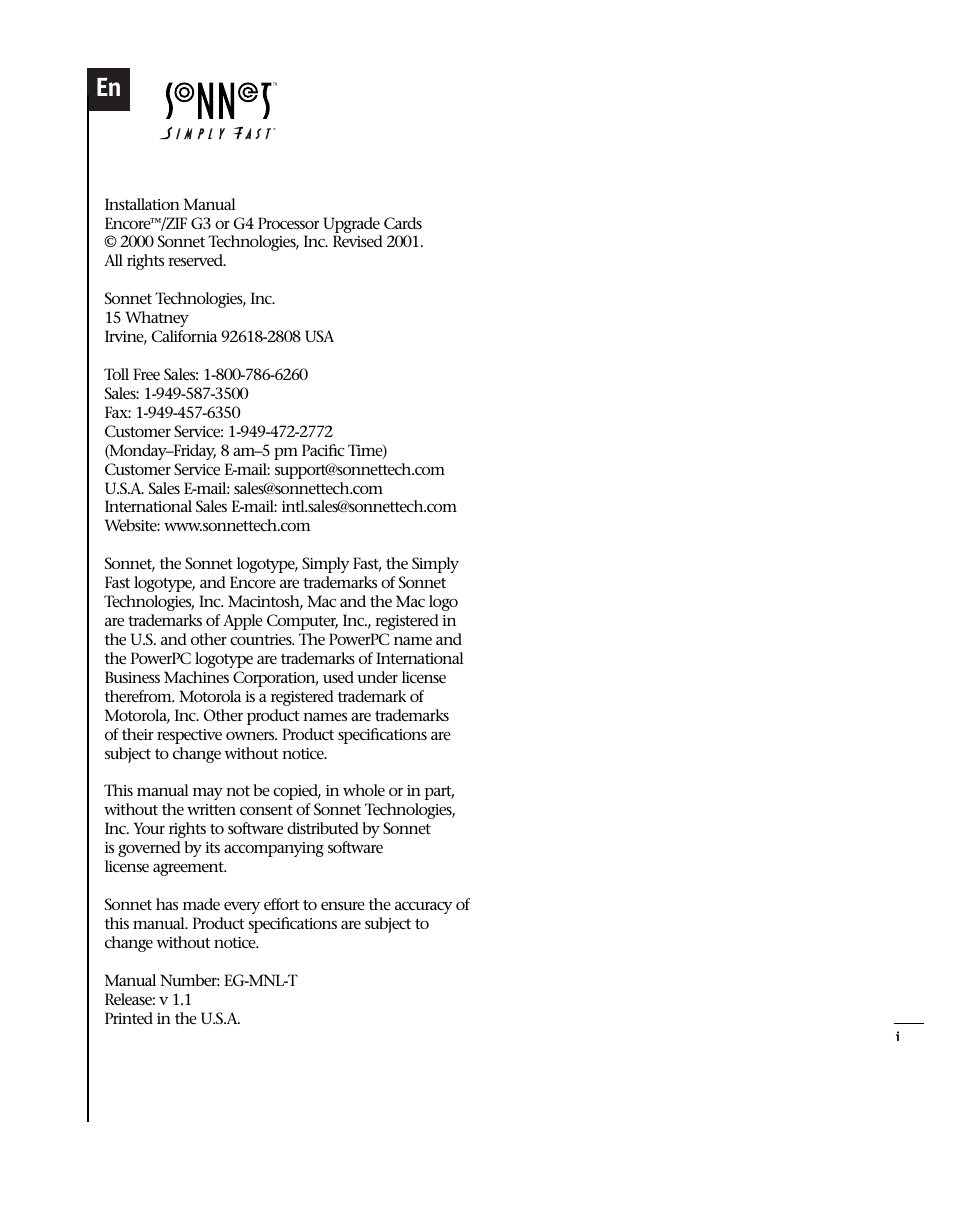 Sonnet Technologies Encore_ZIF Processor Upgrade User Manual | Page 5 / 120