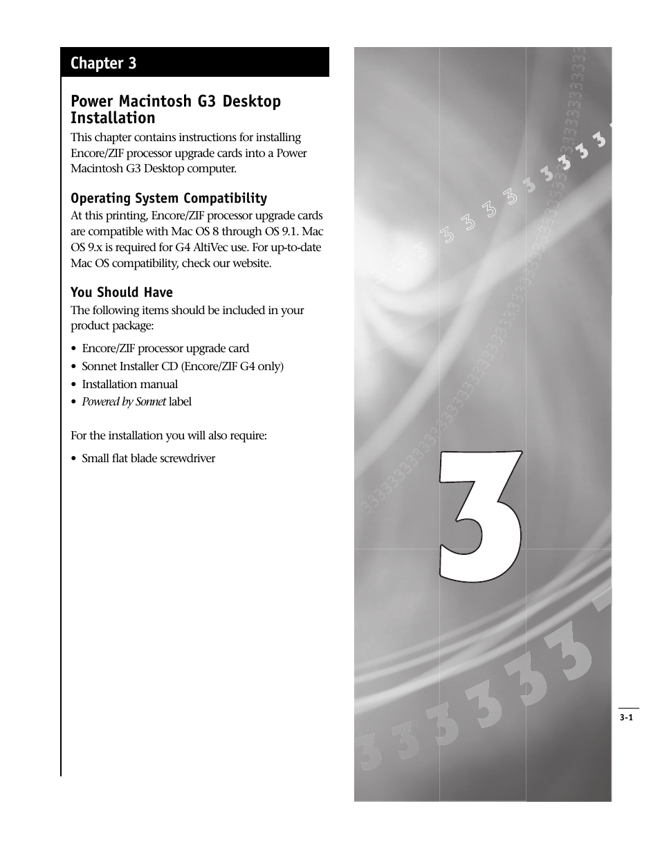 Power macintosh g3 desktop installation, Chapter 3 | Sonnet Technologies Encore_ZIF Processor Upgrade User Manual | Page 59 / 120