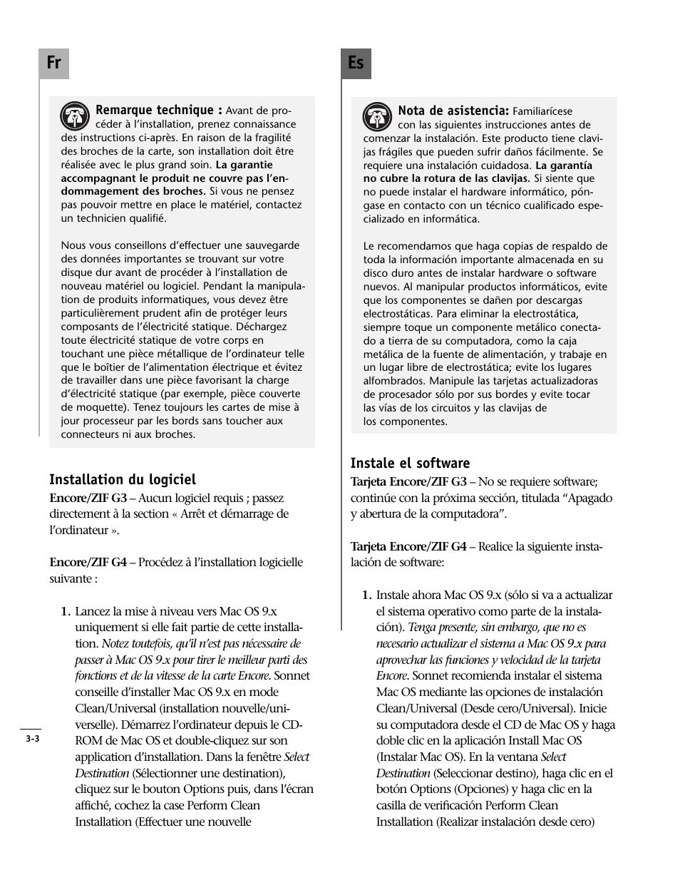 Instale el software, Installation du logiciel 3-3, Install software | Es fr | Sonnet Technologies Encore_ZIF Processor Upgrade User Manual | Page 62 / 120