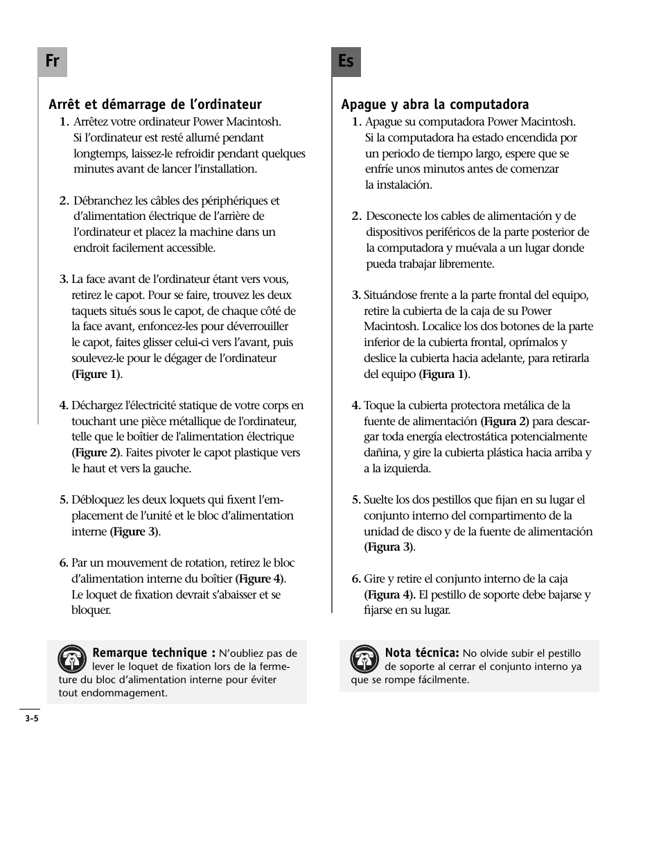 Apague y abra la computadora, Arrêt et démarrage de l’ordinateur 3-5, Shut down and open computer | Es fr | Sonnet Technologies Encore_ZIF Processor Upgrade User Manual | Page 66 / 120