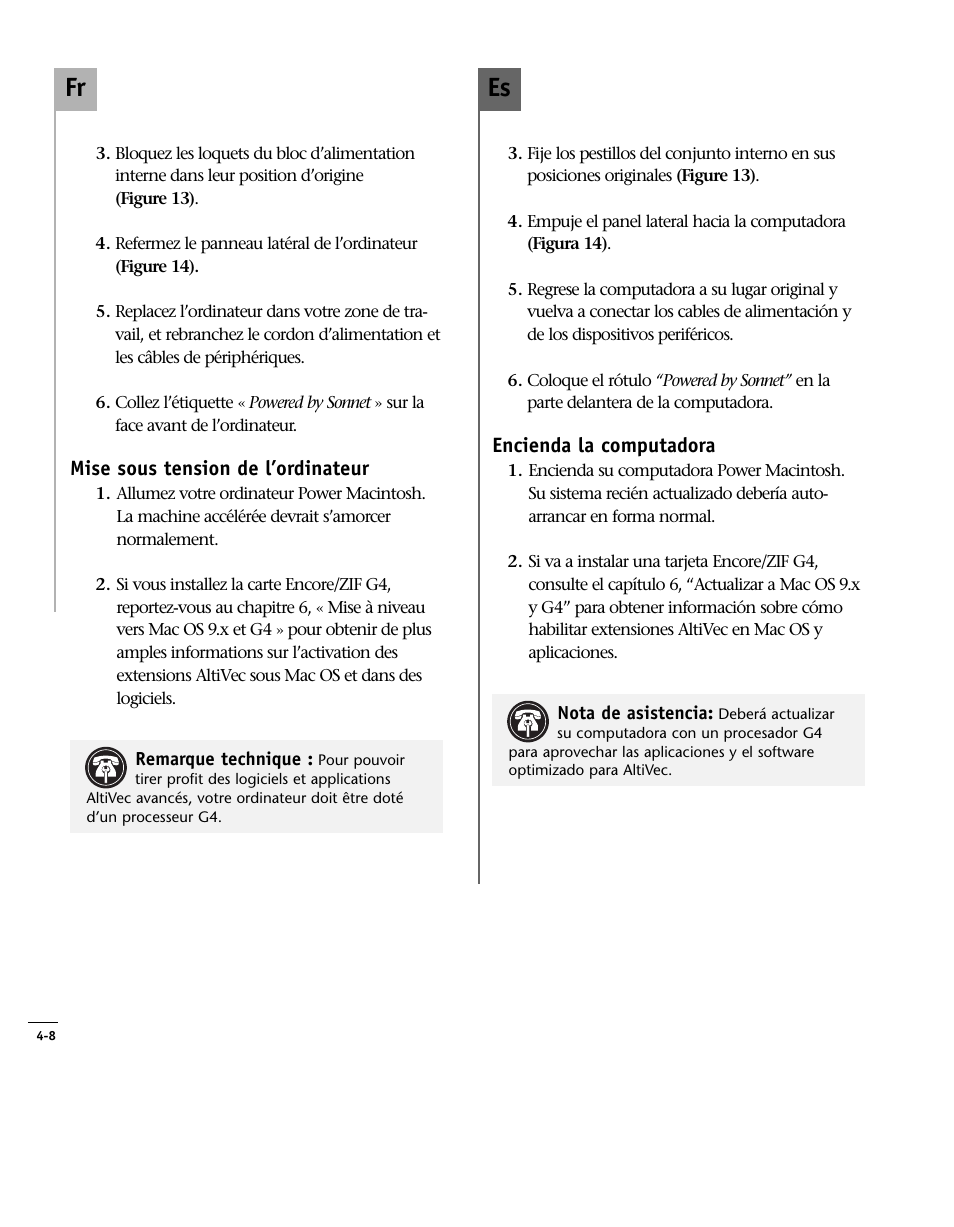 Mise sous tension de l’ordinateur, Encienda la computadora, Turn on computer | Es fr | Sonnet Technologies Encore_ZIF Processor Upgrade User Manual | Page 88 / 120