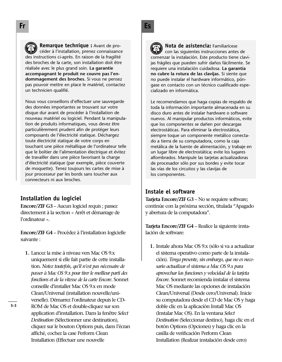 Installation du logiciel, Instale el software, Install software | Es fr | Sonnet Technologies Encore_ZIF Processor Upgrade User Manual | Page 94 / 120